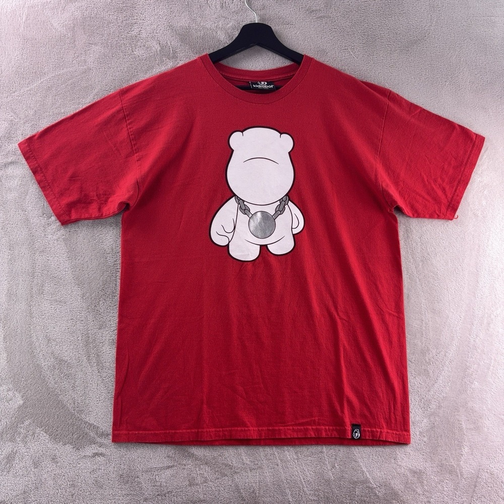 Kidrobot T Shirt Mens Size Large Red Graphic Bear Cartoon‎ Streetwear Tee Y2K